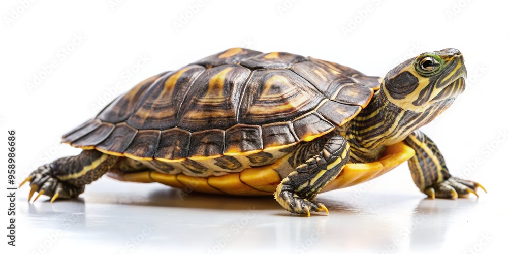 Close-up of a Turtle with a Black and Yellow Shell on a White Background, Isolated , Reptile, Pet, Shell Close-up of a Turtle with a Black and Yellow Shell on a White Background, Isolated , Reptile, Pet, Shell