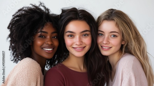 Three diverse young women smiling together in a bright, modern setting showcasing joy and friendship