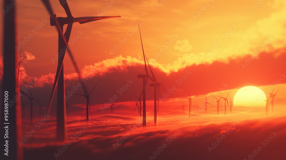 Obraz premium A breathtaking sunset over a field of wind turbines, casting silhouettes against the vibrant, colorful sky. A symbol of renewable energy.