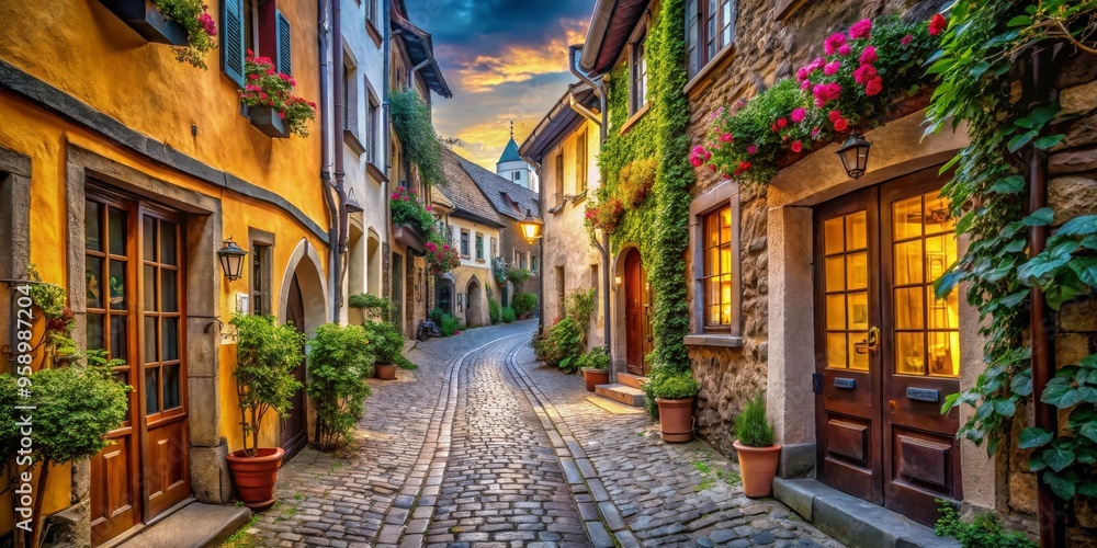 Fototapeta premium Cobblestone Alleyway with Sunset Glow and a Warmly Lit Door, European Village, Sunset, Cobblestone, Alleyway
