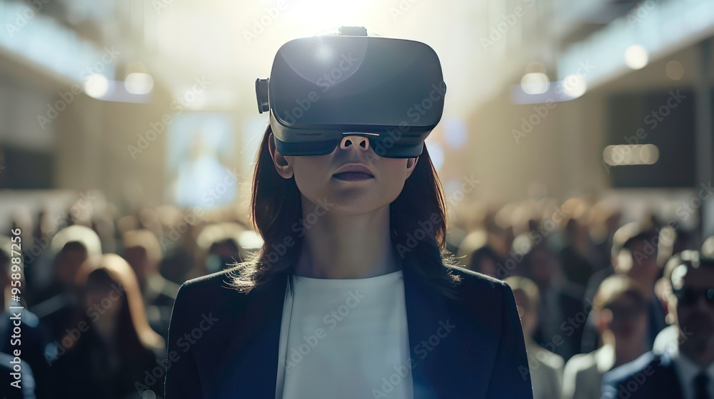 Woman wearing a VR headset looks into the distance while standing in a crowded room. Woman wearing a VR headset looks into the distance while standing in a crowded room.