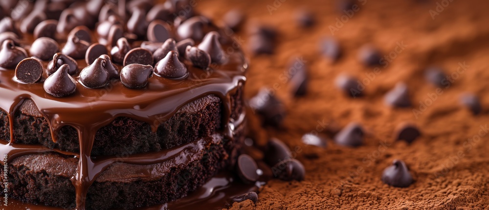 A decadent chocolate cake, layered with moist chocolate batter and drizzled with rich chocolate ganache, is adorned with chocolate chips and cocoa powder. A decadent chocolate cake, layered with moist chocolate batter and drizzled with rich chocolate ganache, is adorned with chocolate chips and cocoa powder.