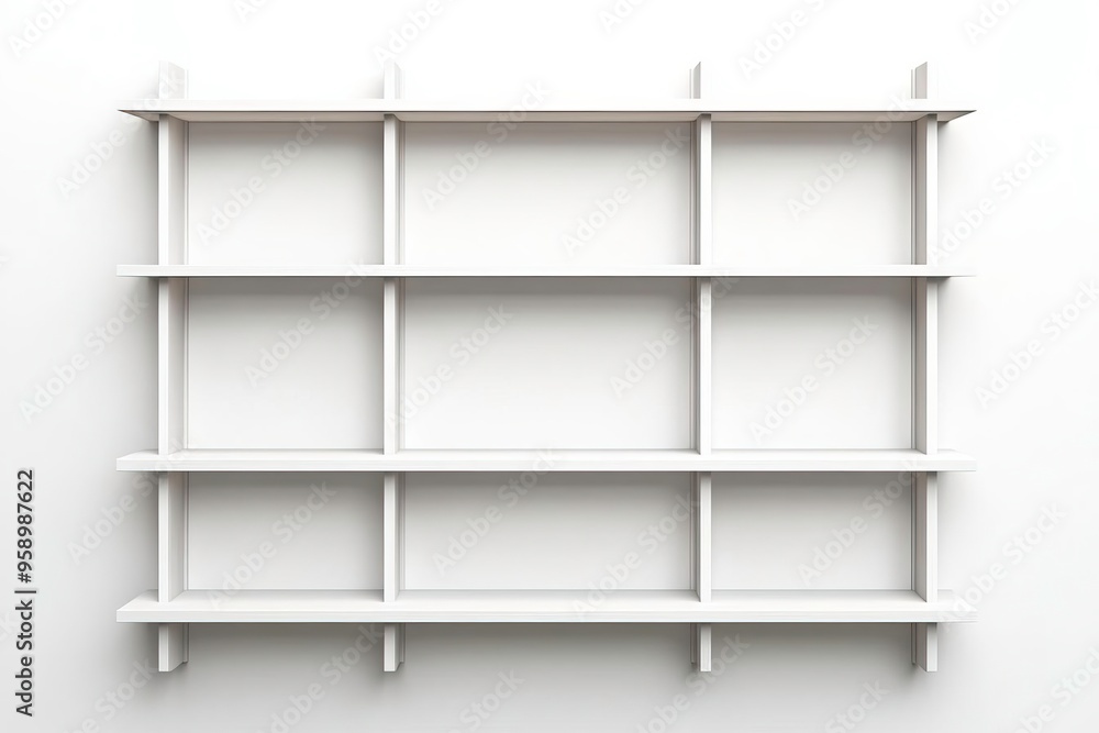 A minimalist white shelf with multiple compartments, perfect for organizing books, plants, and decorative items. A minimalist white shelf with multiple compartments, perfect for organizing books, plants, and decorative items.