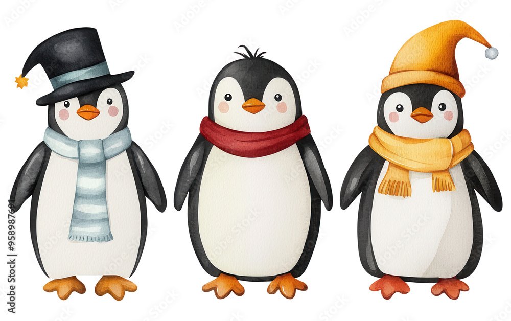 Fototapeta premium Three adorable cartoon penguins dressed in winter attire, complete with hats and scarves, perfect for festive designs.