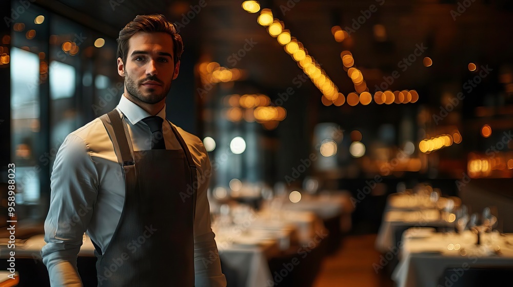 A professional waiter stands confidently in an elegant restaurant with warm lighting, ready to serve guests with a smile. A professional waiter stands confidently in an elegant restaurant with warm lighting, ready to serve guests with a smile.