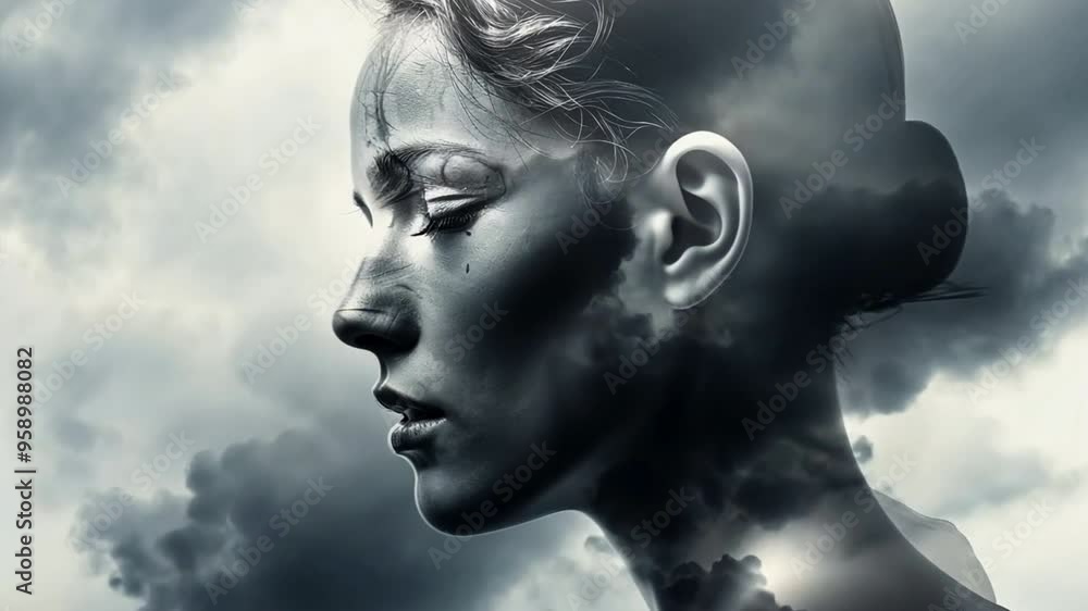 A woman's face is shown in a black A woman's face is shown in a black
