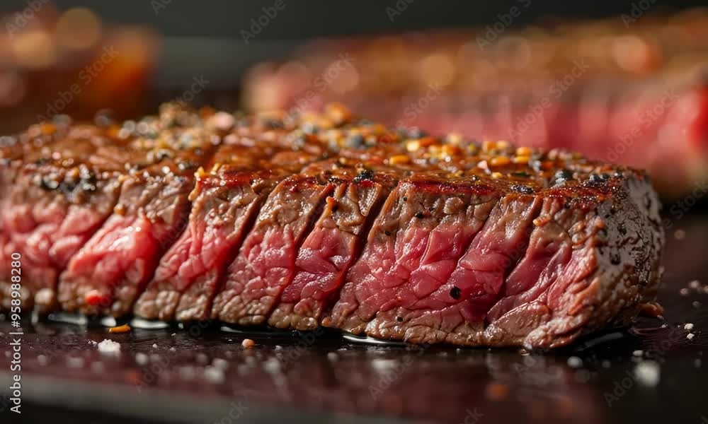 A close-up shot of a perfectly cooked steak, its juicy marbling and flavorful crust tempting the senses. Video A close-up shot of a perfectly cooked steak, its juicy marbling and flavorful crust tempting the senses. Video
