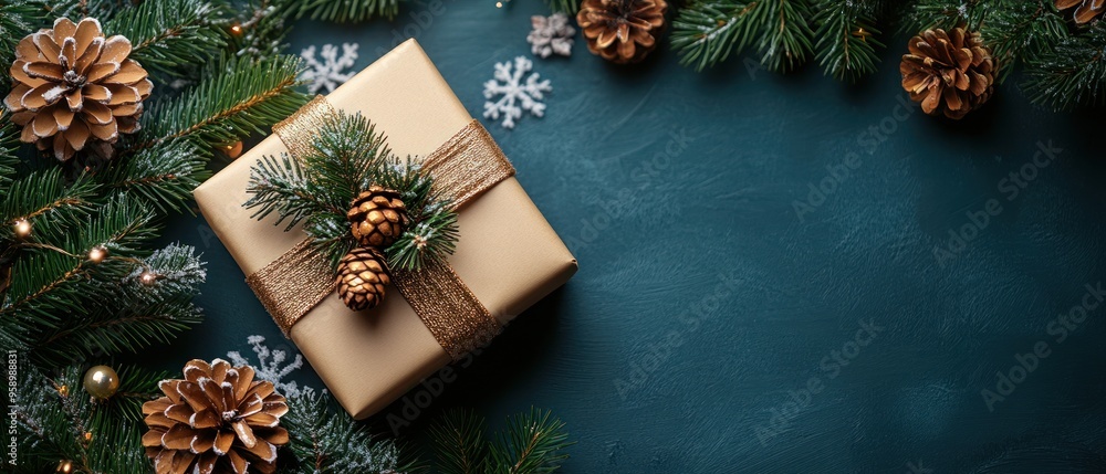 Top view of a gift box on a refined winter snowflake background, with space for text in a Christmas setting . Top view of a gift box on a refined winter snowflake background, with space for text in a Christmas setting .