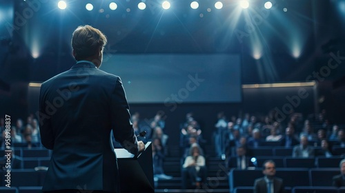 A speaker stands confidently before an attentive audience in a large auditorium, illuminated by bright stage lights. photo