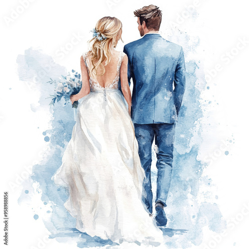 Watercolor Wedding Couple: A delicate watercolor illustration captures the back of a newlywed couple, their hands intertwined, as they embark on their journey together. The soft hues of blue and white