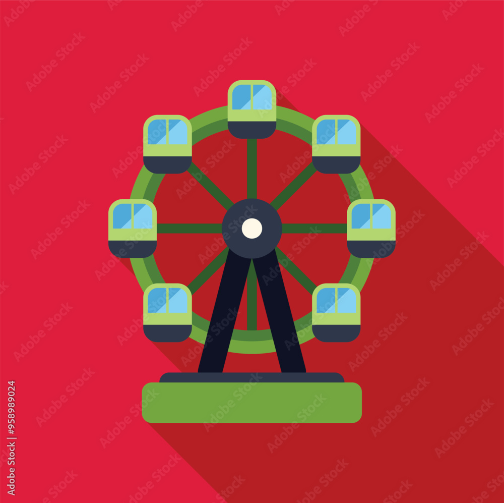 Minimalist vector illustration of a green ferris wheel turning on a red background, in flat design style Minimalist vector illustration of a green ferris wheel turning on a red background, in flat design style