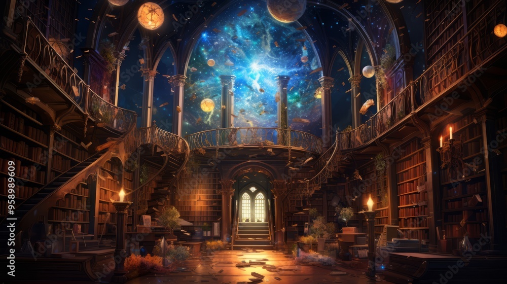 A mystical library in an otherworldly dimension, with towering bookshelves filled with ancient tomes and glowing manuscripts. Anime characters, dressed as explorers, diligently study the arcane A mystical library in an otherworldly dimension, with towering bookshelves filled with ancient tomes and glowing manuscripts. Anime characters, dressed as explorers, diligently study the arcane