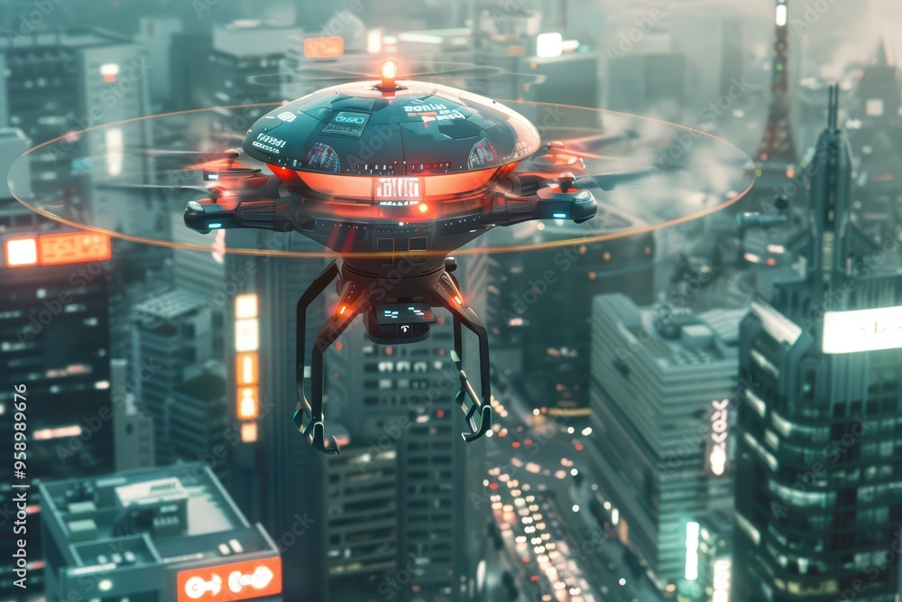 A futuristic drone flying over a vibrant cityscape at dusk, showcasing urban technology and innovation in a bustling metropolis. A futuristic drone flying over a vibrant cityscape at dusk, showcasing urban technology and innovation in a bustling metropolis.