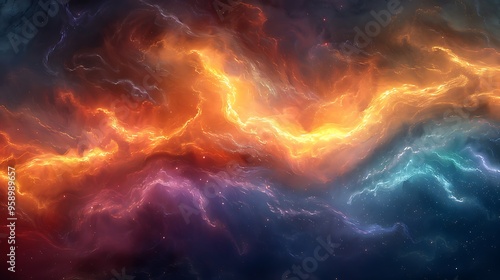 Abstract fiery and blue nebula with swirling smoke and glowing streaks of light.