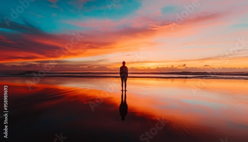 Person standing on a beach at dawn, ready to begin a new day photo