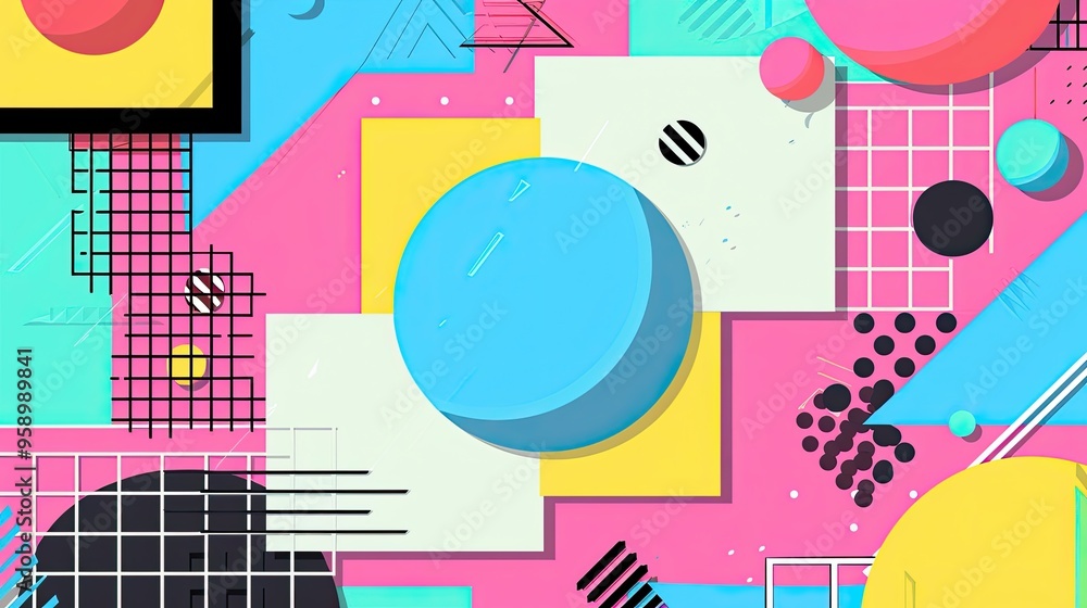 90s retro aesthetic with vibrant colors, geometric shapes, minimalist, copy space, illustration style 90s retro aesthetic with vibrant colors, geometric shapes, minimalist, copy space, illustration style
