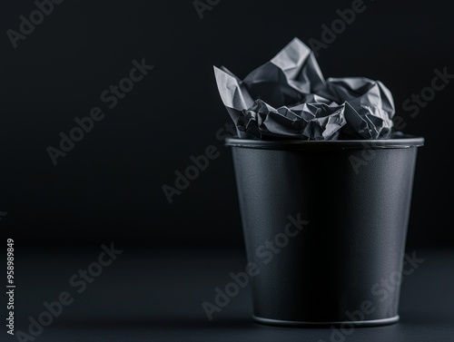 A crumpled piece of paper sits in a black trash can against a dark background.