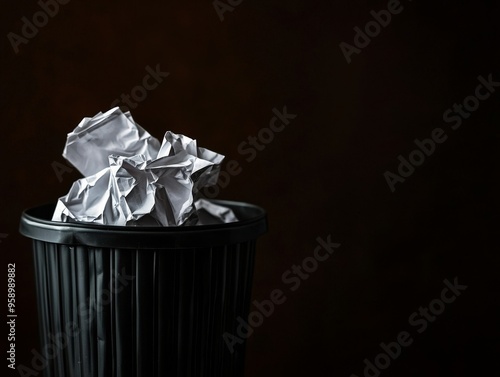 A crumpled piece of paper sits on top of a black trash can against a dark background.