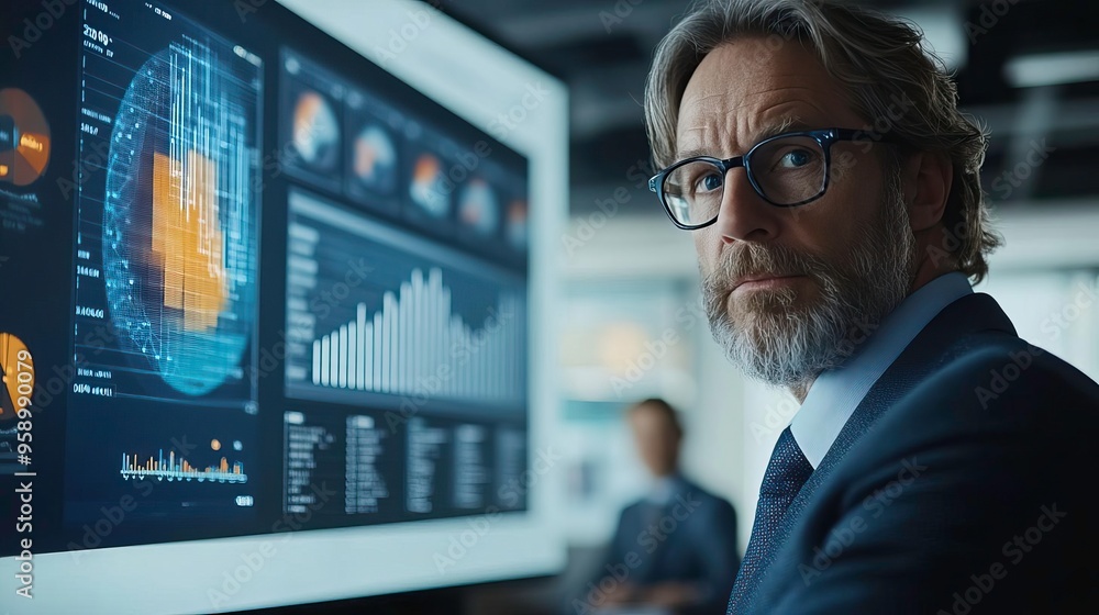 Fototapeta premium Businessman analyzing data on a large display, showcasing graphs and charts in a modern office environment.
