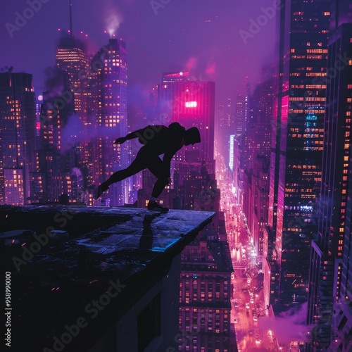 A nighttime urban scene featuring a parkour athlete executing a grapple onto a city rooftop, silhouetted against the neon lights of the skyline. The image captures the energy of the urban sport