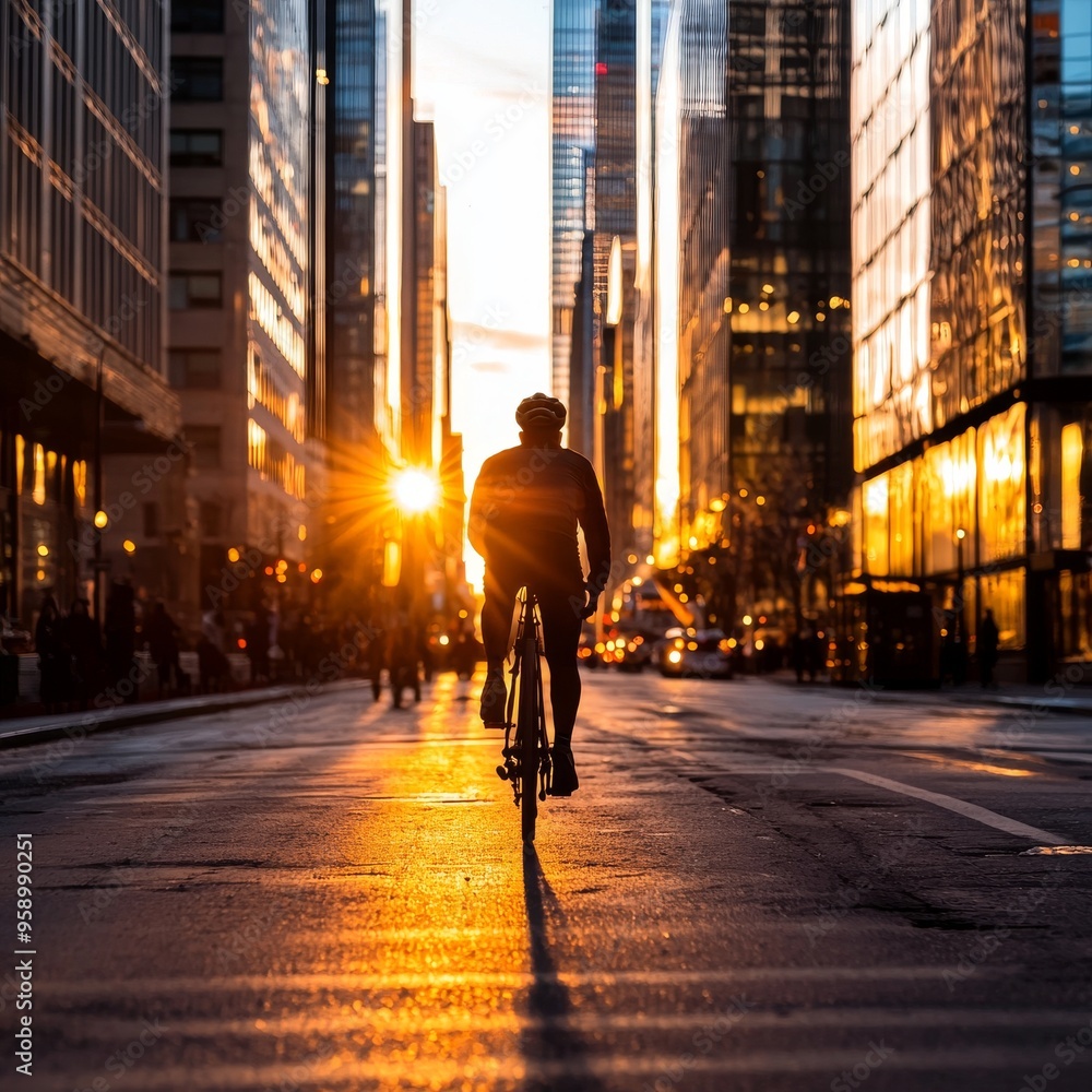 A cyclist rides through a bustling city street at sunset. The sun casts a warm glow on the buildings and the cyclist's silhouette. A cyclist rides through a bustling city street at sunset. The sun casts a warm glow on the buildings and the cyclist's silhouette.