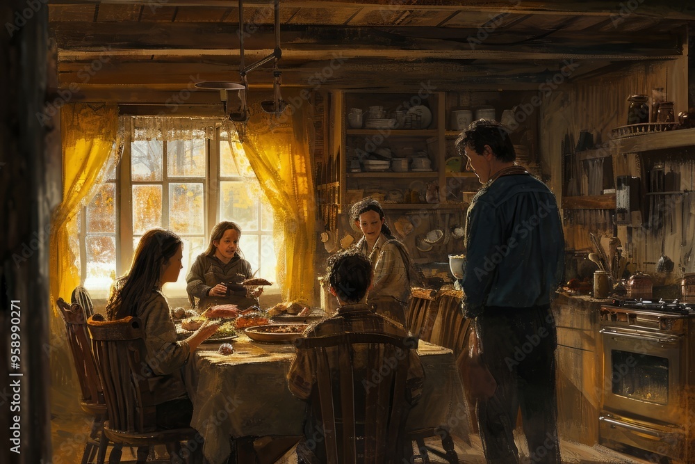 A nostalgic image featuring a family gathering in a rustic kitchen, with the hearth as the central focus