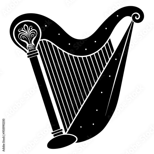 Harp musical instrument silhouette vector art illustration on white background 
