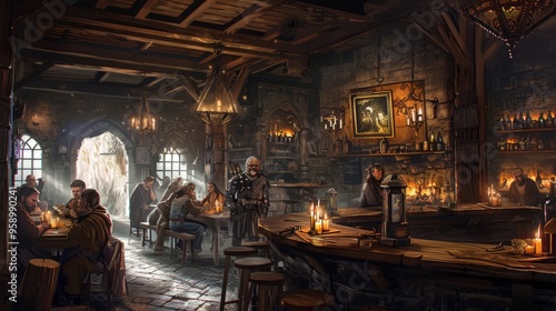 weary but determined adventurer taking a moment to rest in a medieval tavern. The atmosphere is filled with camaraderie, and the background hints at various quests and treasures.