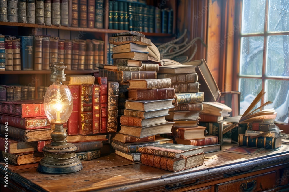 A nostalgic scene of a cozy library corner with leather-bound volumes stacked haphazardly on an antique wooden desk, bathed in the warm, flickering light of an old-fashioned oil lamp, evoking the time A nostalgic scene of a cozy library corner with leather-bound volumes stacked haphazardly on an antique wooden desk, bathed in the warm, flickering light of an old-fashioned oil lamp, evoking the time