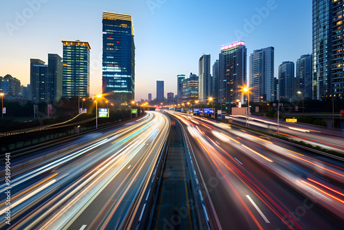 Capture the vibrant energy of an evening rush hour on a bustling urban highway with dynamic motion blur and a glowing city skyline