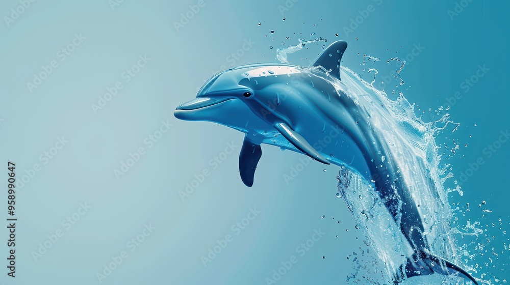 Fototapeta premium A graceful dolphin leaps out of the water, showcasing its sleek body against a serene blue backdrop.