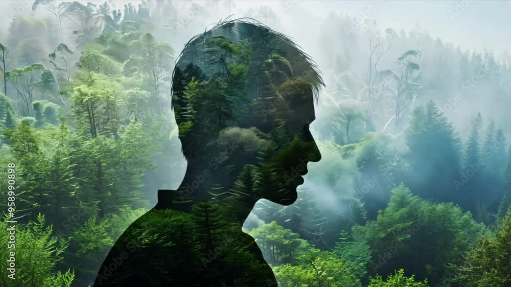 A man's head is shown in a forest with trees surrounding him A man's head is shown in a forest with trees surrounding him