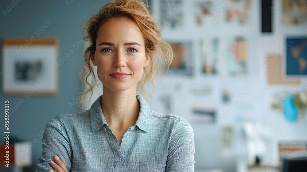 Confident woman in a stylish office environment, showcasing creativity and professionalism with a warm smile. Confident woman in a stylish office environment, showcasing creativity and professionalism with a warm smile.