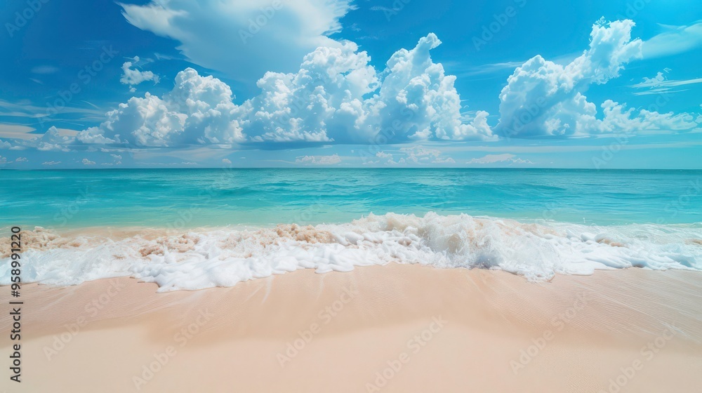 Foamy waves crashing on a sandy beach under a blue sky with white clouds. Foamy waves crashing on a sandy beach under a blue sky with white clouds.