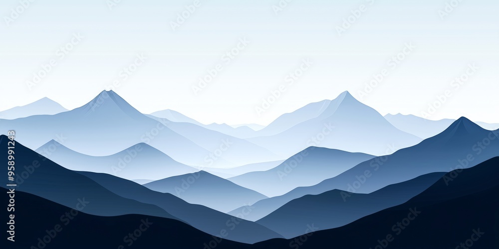 A serene mountain landscape with rolling hills in shades of blue. A serene mountain landscape with rolling hills in shades of blue.