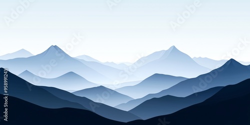 A serene mountain landscape with rolling hills in shades of blue.