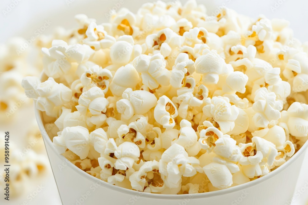 Delicious, fluffy popcorn piled high in a white container, perfect for movie nights and snacks. Delicious, fluffy popcorn piled high in a white container, perfect for movie nights and snacks.