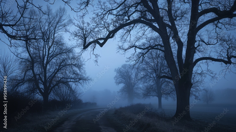 A moody photograph capturing the fading daylight as the surroundings are bathed in a soft, blue hue. The silhouettes of distant trees and the suggestion of a winding path create an atmosphere A moody photograph capturing the fading daylight as the surroundings are bathed in a soft, blue hue. The silhouettes of distant trees and the suggestion of a winding path create an atmosphere