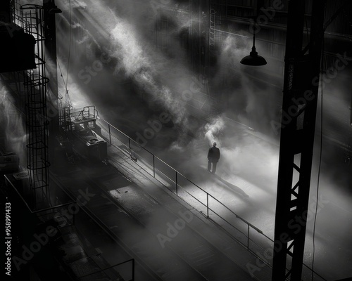 A moody, monochromatic photo of a factory floor with smoke and poorly lit walkways, highlighting a worker stumbling over a toolbox, deep shadows and strong contrasts