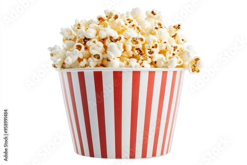 Delicious popcorn in a classic striped bucket, perfect for movie nights or snack time. A treat loved by all ages.