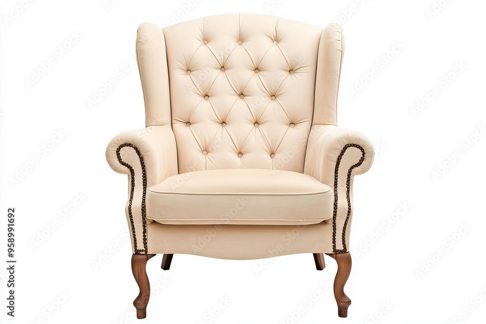 Elegant cream armchair with tufted design, perfect for enhancing any living space decor. Elegant cream armchair with tufted design, perfect for enhancing any living space decor.