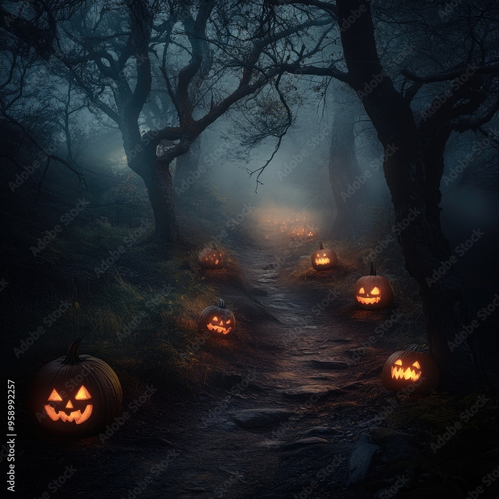 Enchanted Forest Trail at Night with Glowing Pumpkins and Ghostly Figures Amidst the Fog Enchanted Forest Trail at Night with Glowing Pumpkins and Ghostly Figures Amidst the Fog