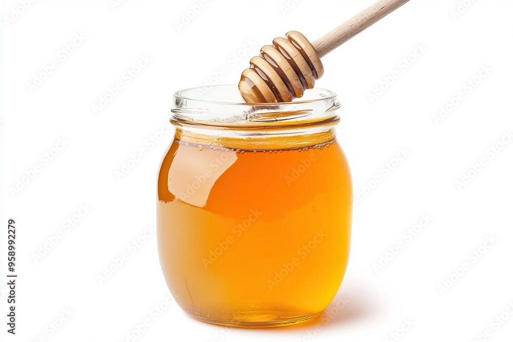 Golden honey drips from a wooden dipper into a clear jar, showcasing its natural sweetness and rich color. Golden honey drips from a wooden dipper into a clear jar, showcasing its natural sweetness and rich color.