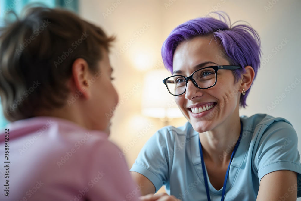 A kind and caring pediatric nurse or doctor listens to and comforts a young boy patient A kind and caring pediatric nurse or doctor listens to and comforts a young boy patient