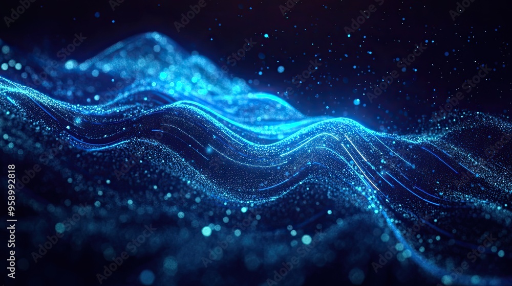 Abstract representation of waves and particles in a digital space. Abstract representation of waves and particles in a digital space.