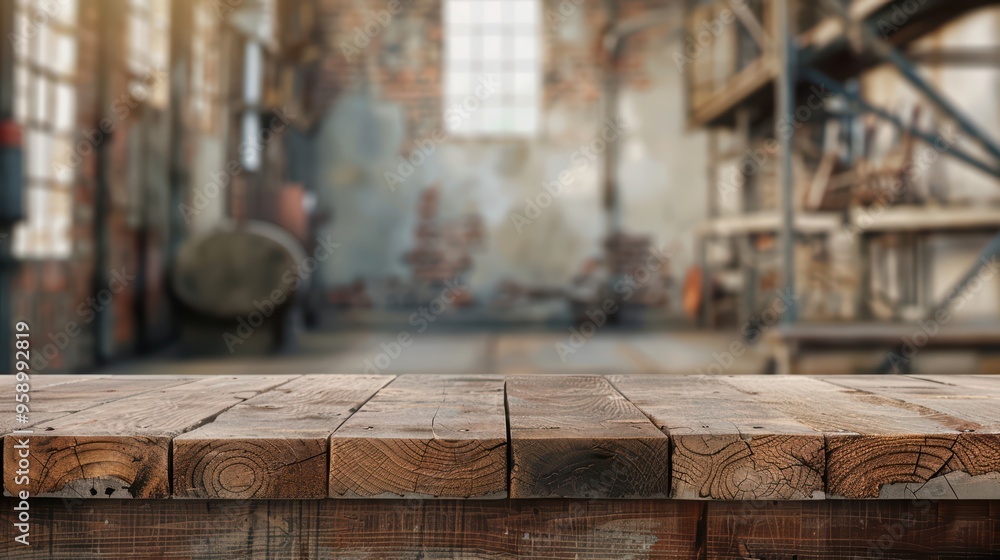A rustic wooden table in an industrial setting, perfect for showcasing products or for use as a background in various projects. A rustic wooden table in an industrial setting, perfect for showcasing products or for use as a background in various projects.