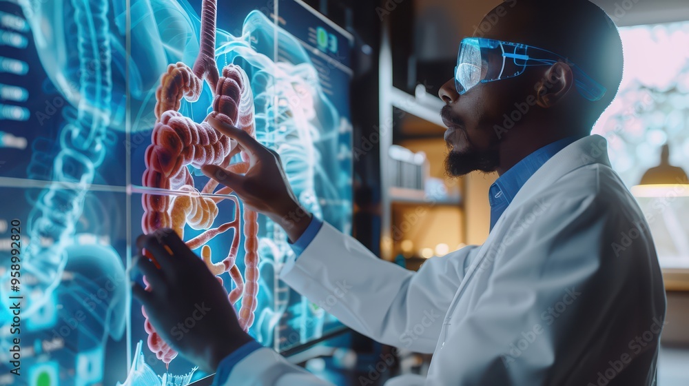 A scientist analyzes advanced holographic anatomy in a modern lab, showcasing the future of medical research and technology. A scientist analyzes advanced holographic anatomy in a modern lab, showcasing the future of medical research and technology.