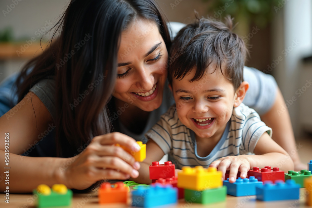 Mother and Child Playing with Colorful Blocks Mother and Child Playing with Colorful Blocks