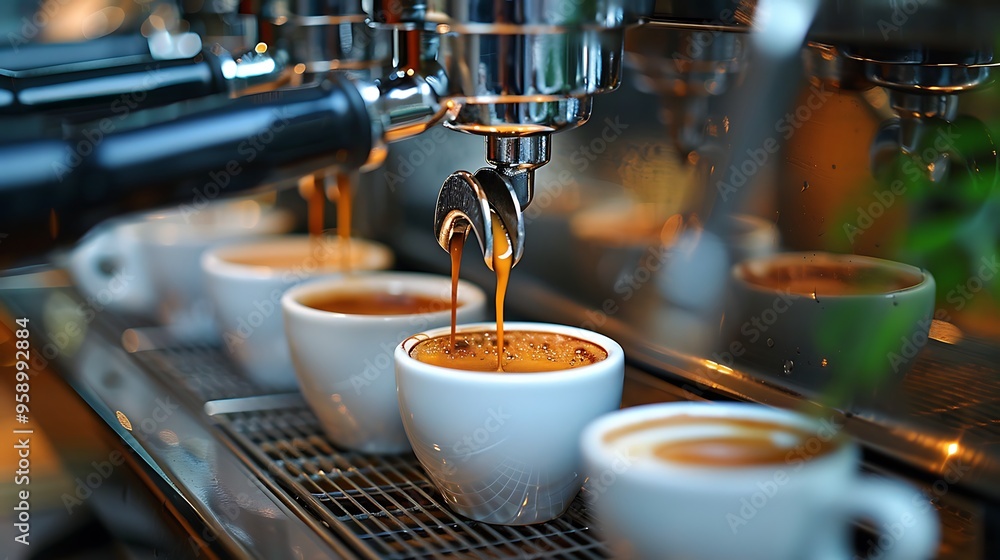Espresso machine pouring coffee into cups. Espresso machine pouring coffee into cups.