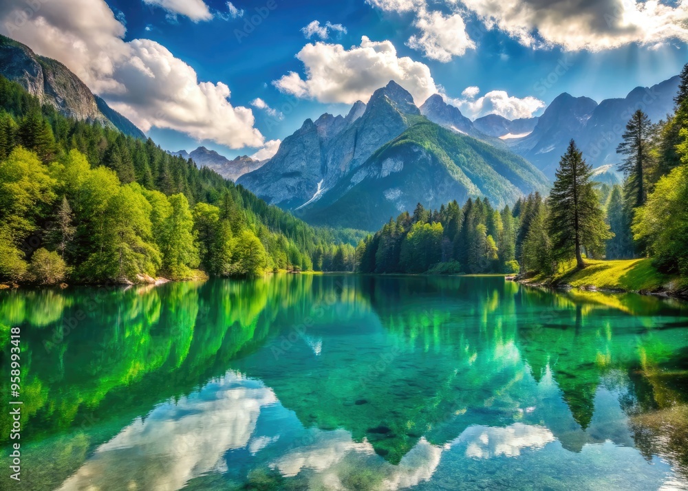 Serene turquoise lake surrounded by majestic Alps and lush green forests, reflecting the grandiose mountainscape in its calm waters, Austria's iconic natural beauty. Serene turquoise lake surrounded by majestic Alps and lush green forests, reflecting the grandiose mountainscape in its calm waters, Austria's iconic natural beauty.